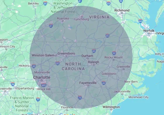A map showing that Burroughs Roofing serves central NC, north central SC and south central VA